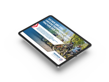 Freigestelltes Bild eines Tablets, auf dem die Fahrradbroschüre von PRODINGER zu sehen ist.