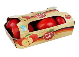 Bild der Kartonschale mit Äpfeln von REWE vergrößern Freigestelltes Bild einer Kartonschale mit Lasche für Äpfel für Handelsmarke REWE.