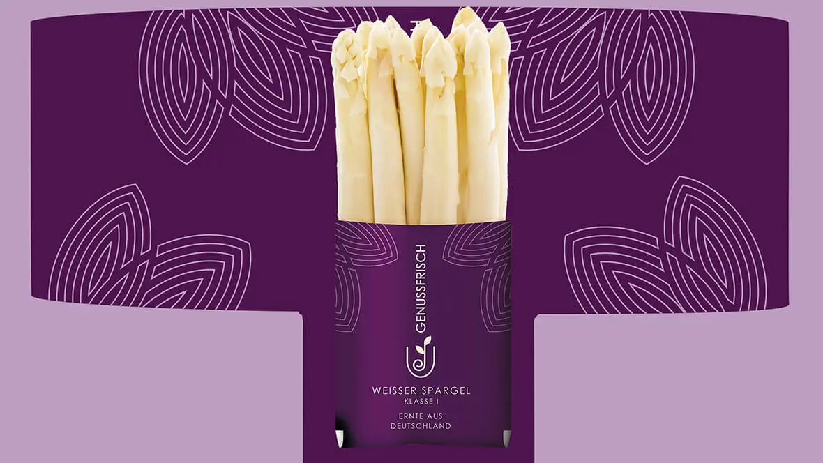 Die Designidee von L&S zeigt eine Verpackung für weißen Spargel mit einer Banderole.