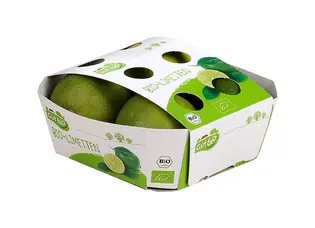 Bild der Kartonschale mit Limetten von ALDI vergrößern Freigestelltes Bild einer Kartonschale mit Lasche für Limetten für Handelsmarke ALDI - GUT Bio.