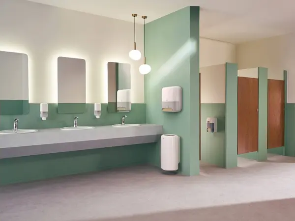 Gerendertes Bild eines Waschraums mit Produkten von Tork.