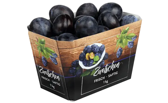 Freigestelltes Bild einer Kartonschale für Zwetschgen oder Pflaumen für Handelsmarke EDEKA.