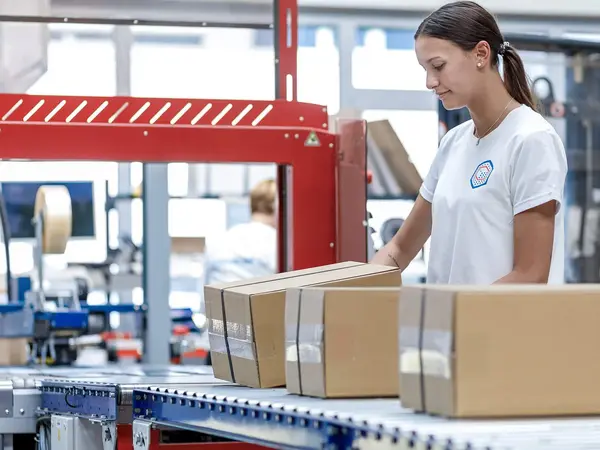 Eine Mitarbeiterin in der Logistik legt Kartons auf ein Fließband, die vorher personalisiert wurden.