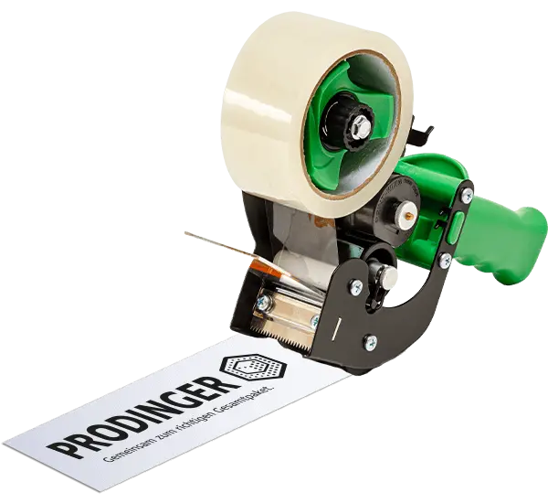 Freigestelltes Bild des Handabrollers ProPrint, der Paketband beim bekleben individuell bedrucken kann.