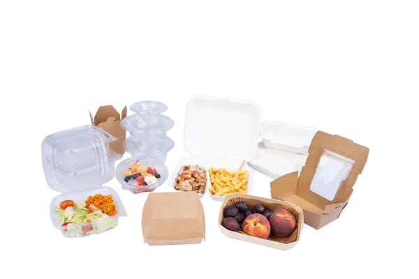 Verschiedene Snackverpackungen, Menüboxen, Salatschalen und To-Go Becher