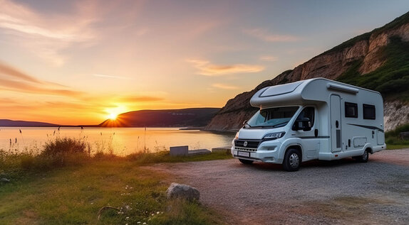 Ein Wohnmobil, für den PRODINGER eine Trenntoilette entwickelt hat, steht bei Sonnenuntergang am Meer.