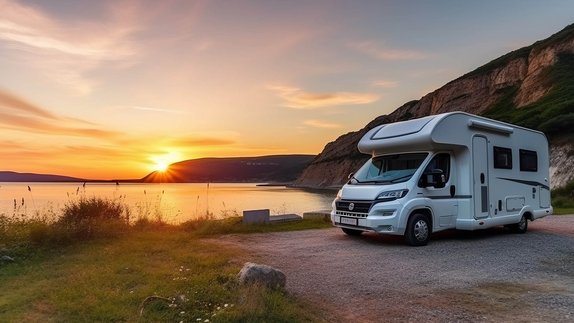 Ein Wohnmobil, für den PRODINGER eine Trenntoilette entwickelt hat, steht bei Sonnenuntergang am Meer.