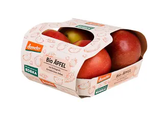 Bild der Kartonschale mit Äpfeln von EDEKA vergrößern Freigestelltes Bild einer Kartonschale mit Schuber für Äpfel von demeter für Handelsmarke EDEKA.