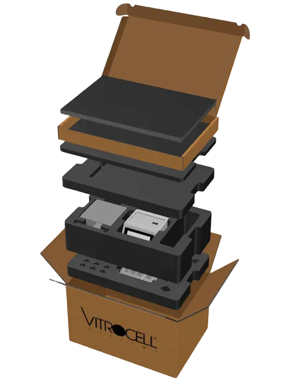 Rendering vom Aufbau einer Verpackungslösung mit Karton und Schaumstoff für ein Expositionssystem.