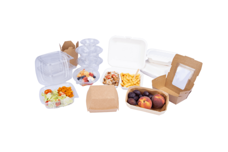 Verschiedene Snackverpackungen, Menüboxen, Salatschalen und To-Go Becher