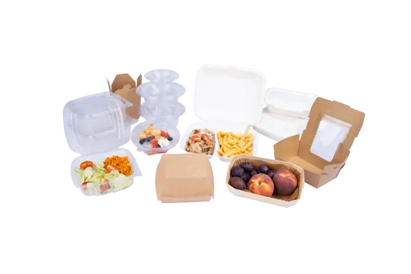 Verschiedene Snackverpackungen, Menüboxen, Salatschalen und To-Go Becher