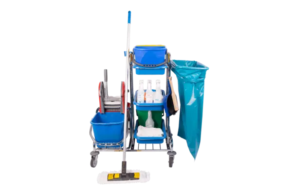 Reinigungswagen mit Reinigungsmitteln für professionelle Betriebshygiene