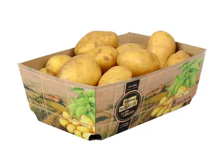 Bild der Kartonschale mit Kartoffeln von ALDI vergrößern Freigestelltes Bild einer Kartonschale mit Kartoffeln für die Handelsmarke ALDI.