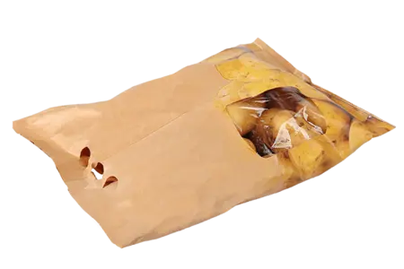 Flow Pack aus braunem Kraftpapier für Kartoffeln.