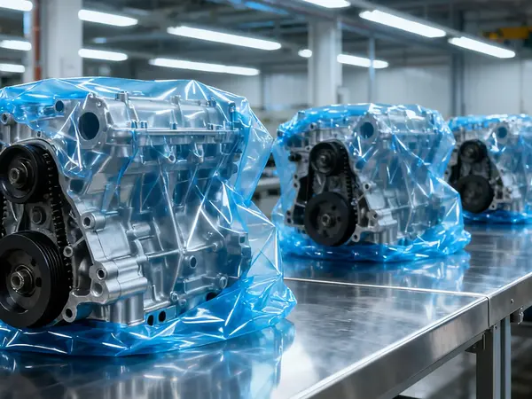 Auf mehreren Tischen stehen in VCI-Folie verpackte Motoren