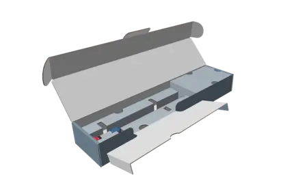 CAD-Modell der neuen Verpackung aus 100 % Wellpappe und somit Nachhaltigkeit und Kosteneinsparung der Kunststoffsteuer.
