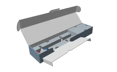 CAD-Modell der neuen Verpackung aus 100 % Wellpappe und somit Nachhaltigkeit und Kosteneinsparung der Kunststoffsteuer.