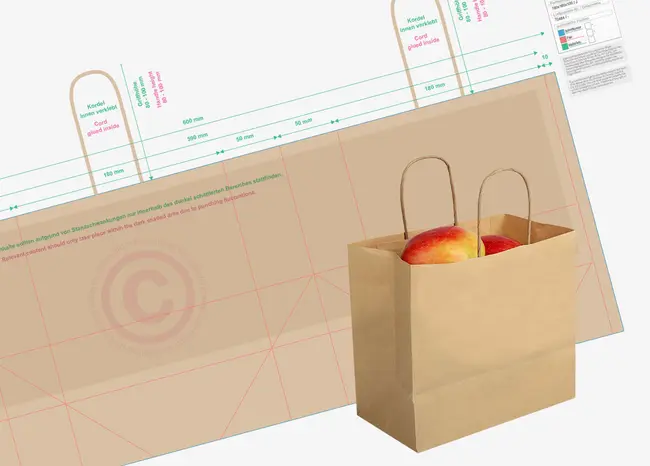 Technische Zeichnung einer Papiertragetasche vergrößern Technische Zeichnung einer Papiertragetaschen mit Kanzi®-Äpfeln zur Abstimmung