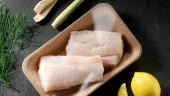 Bild mit verpackten Fischfilets vergrößern Auf einem Tisch liegen 2 mit Non-PVC-Lebensmittelfolie verpackte Fischfilets.
