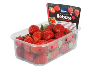 Bild der Kartonschale mit Erdbeeren von EDEKA vergrößern Freigestelltes Bild einer Kunststoff-Verpackung mit Erdbeeren für die Handelsmarke EDEKA - liebste.