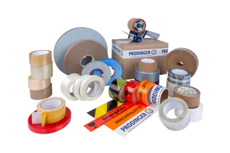 Klebebänder und Packbänder in veschiedenen Ausführungen, z. B. aus Papier, Recyclingmaterial oder bedruckt