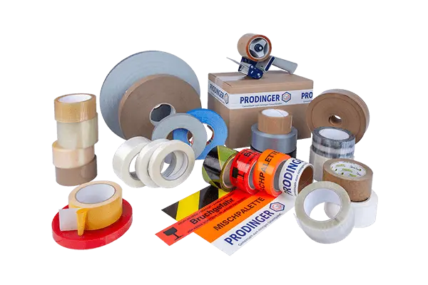 Klebebänder und Packbänder in veschiedenen Ausführungen, z. B. aus Papier, Recyclingmaterial oder bedruckt