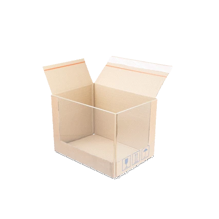 Animation, die zeigt, wie ein Produkt mit der Viod-Fill-Methode in ein Paket verpackt wird.