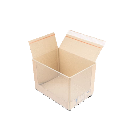 Animation, die zeigt, wie ein Produkt mit der Wrapping-Methode in ein Paket verpackt wird.