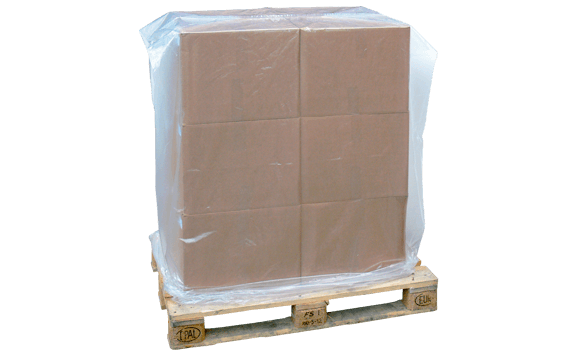 Palette mit Kartons, die mit einem Seitefaltensack aus COEX Material abgedeckt ist