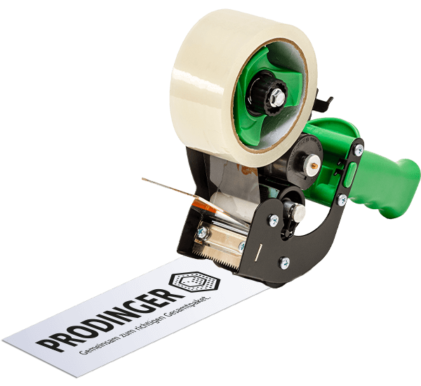 Freigestelltes Bild des Handabrollers ProPrint, der Paketband beim bekleben individuell bedrucken kann.